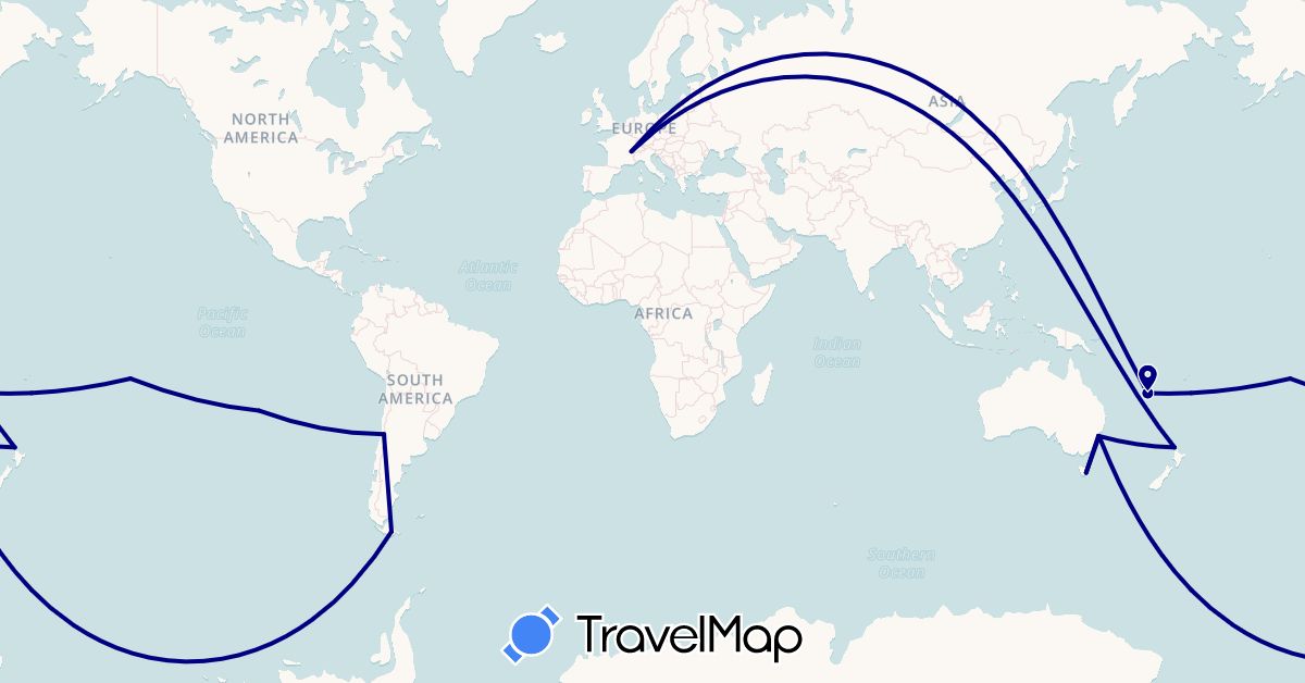 TravelMap itinerary: driving in Argentina, Australia, Switzerland, Chile, New Caledonia, New Zealand, French Polynesia (Europe, Oceania, South America)